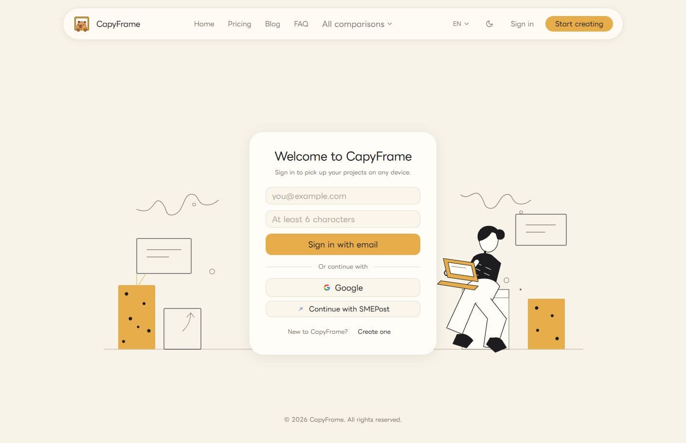 CapyFrame English sign-in page in light mode