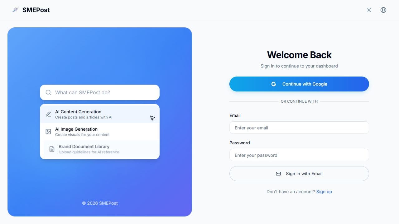 SMEPost English sign-in page in light mode