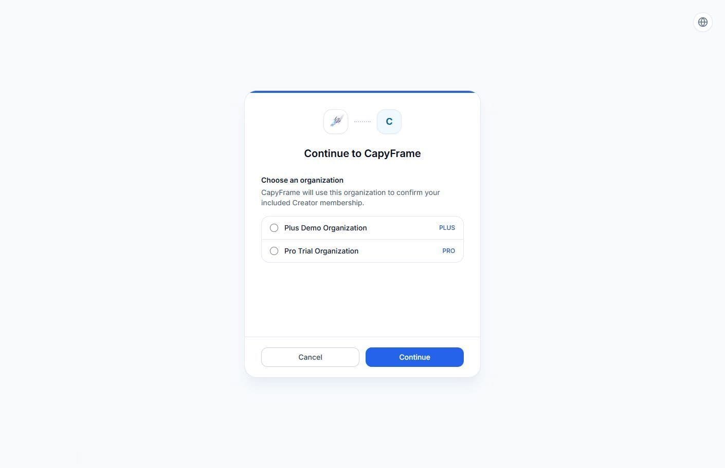 SMEPost CapyFrame authorization page with eligible organizations